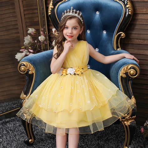 Child Yellow Layered Lovely Girls Birthday Dresses For Kids Fluffy V