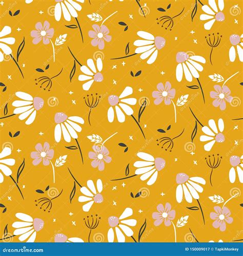 Chamomile Mustard Yellow Flowers Modern Pattern Seamless Vector Texture