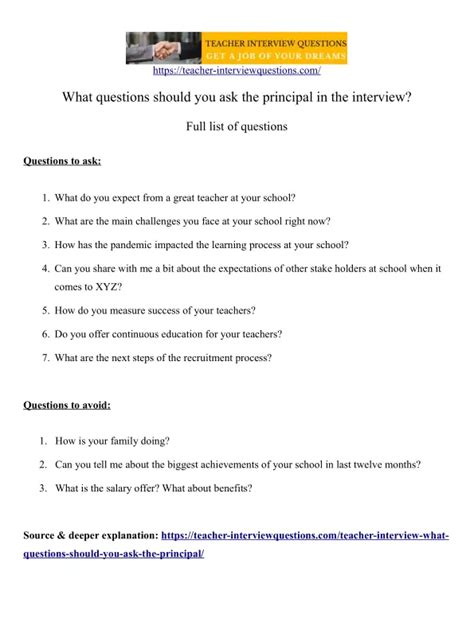 Teacher Interview 7 Questions To Ask A Principal Examples