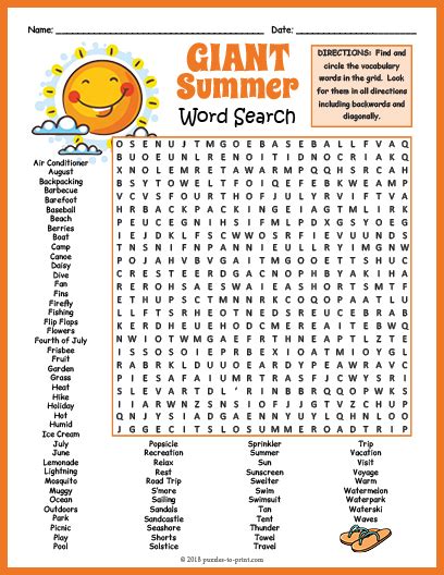 End Of The School Year Activity Giant Summer Vacation Fun Word Search