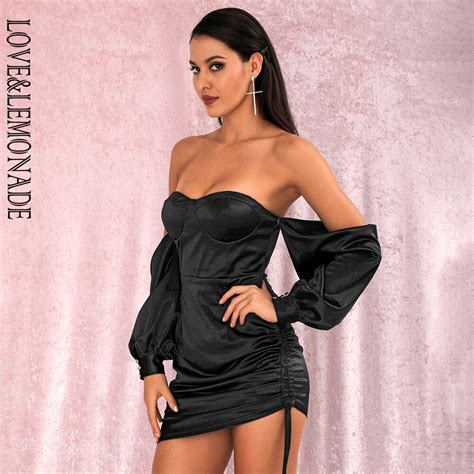Sexy Black Off The Shoulder Tube Top Loose Sleeves Smocked Tiestring Bodycon Mini Party Dress