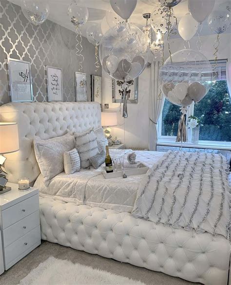 All White Christmas Bedroom Decor With White Bed With Crystal Buttons