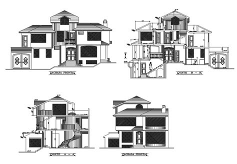 Two Story House With Basement Elevation And Sections Cad Drawing