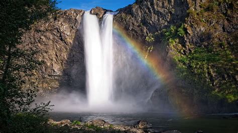 Snoqualmie Falls Washington Rainbow Sky Cascade Cliff Water