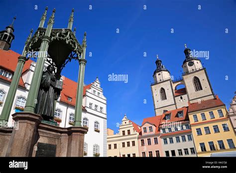 Luther Monument And Marienkirche At Market Square Wittenberg Elbe