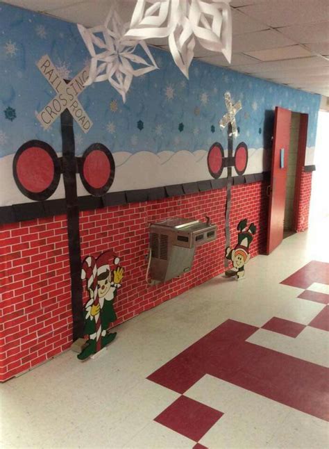 Hallway Decorated For Polar Express Office Christmas Decorations