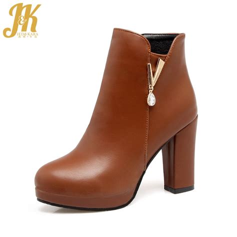 jk new thick high heels ankle women boots crystal platform boot round toe solid footwear rubber