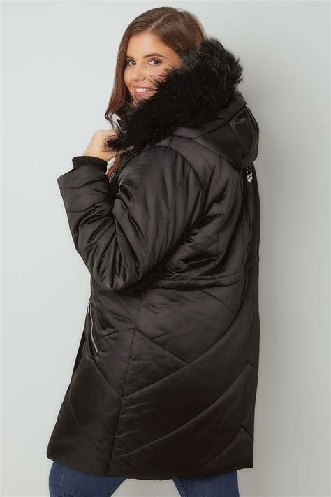 Black Padded Parka Jacket With Faux Fur Hood Plus Size 16 To 36