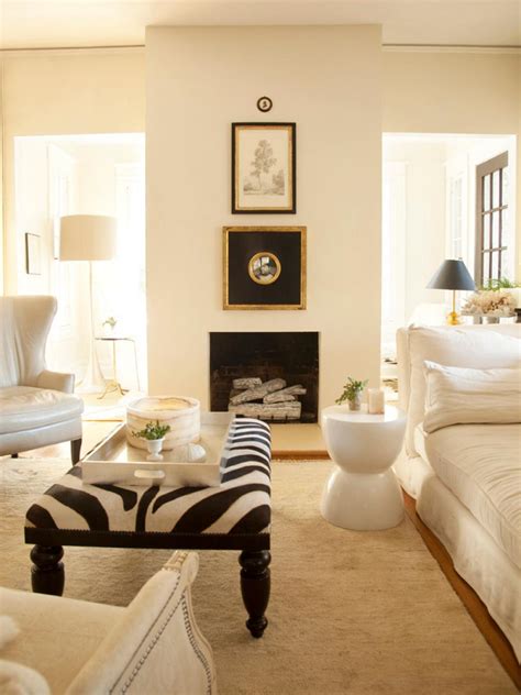 Transitional White Living Room With Dramatic Fireplace And Black