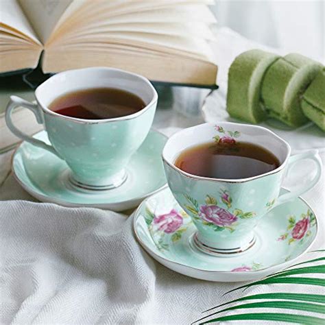 BTäT Floral Tea Cups and Saucers Set of 2 Green 8 oz with Gold