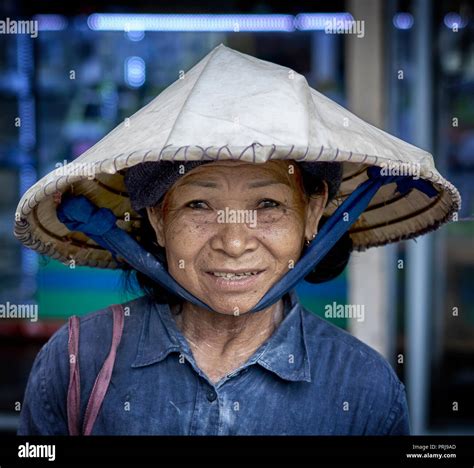 Portrait Thailand Woman Senior Wearing A Traditional Rice Hat Aka