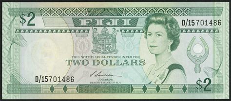 • fijianische dörfer und grünes hochland. Fiji Inseln / Fiji Islands P.087 2 Dollars (1988) (1)