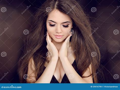 Beautiful Woman With Long Brown Hair Fashion Long Hairstyles Stock