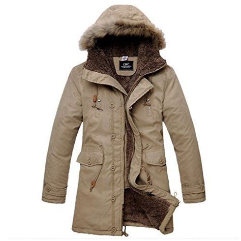 herren warme wintermantel mit kunstpelz trenchcoat steppjacke mit kapuze top 48 khaki fashion