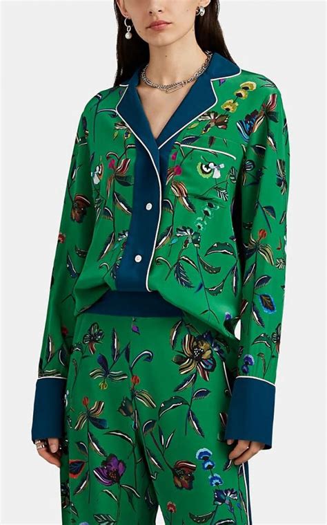 Derek Lam Tops Floral Silk Pajama Blouse Greenteal
