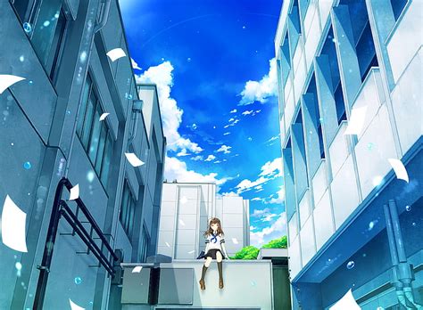 Hd Wallpaper Anime Girl School Uniform Building Sky Clouds