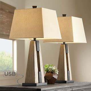 Set Of 2 Rustic Farmhouse Table Lamps With USB Wood Oatmeal Shade 13