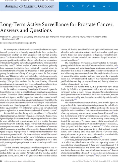 Long Term Active Surveillance For Prostate Cancer Answers And Questions Journal Of Clinical