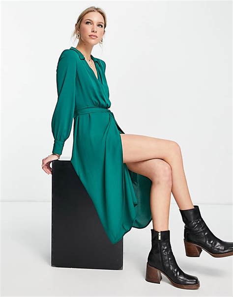 Asos Design Collared Wrap Midi Dress With Tie Belt In Forest Green Asos