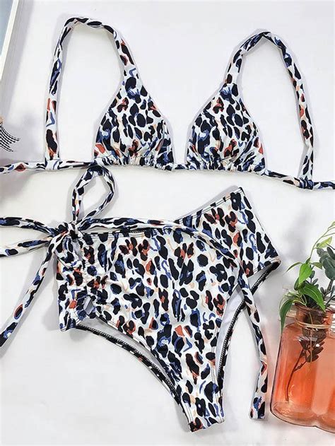 Leopard Print Triangles Bandage Split Bikini Swimsuit