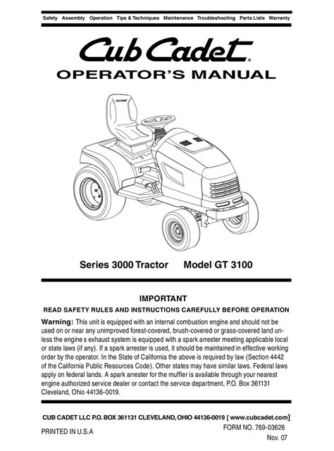 Cub Cadet Gt 3100 Operators Manual Pdf Download Manualslib