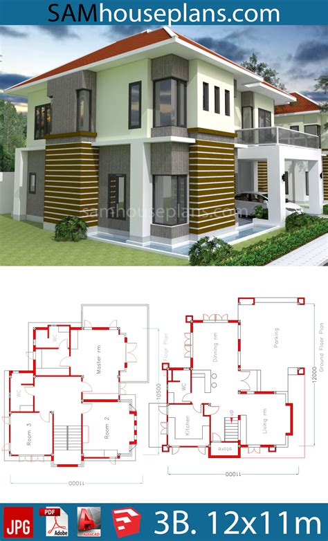 House Plans 12x11m With Full Plan 3beds House Plans Free Downloads