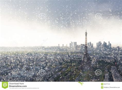 Paris Skyline With Eiffel Tower Seen Through Window With Raindrops