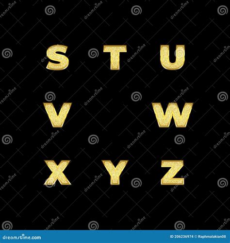 Set Of Realistic Gold Glitter Alphabets On Black Background Stock