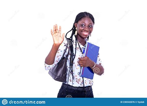 Beautiful Young Happy Student Woman Raising Hand To Greet While Smiling