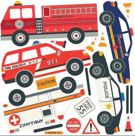 Cars Trucks Ems And Construction Vehicle Wall Decals Plus Gray Road