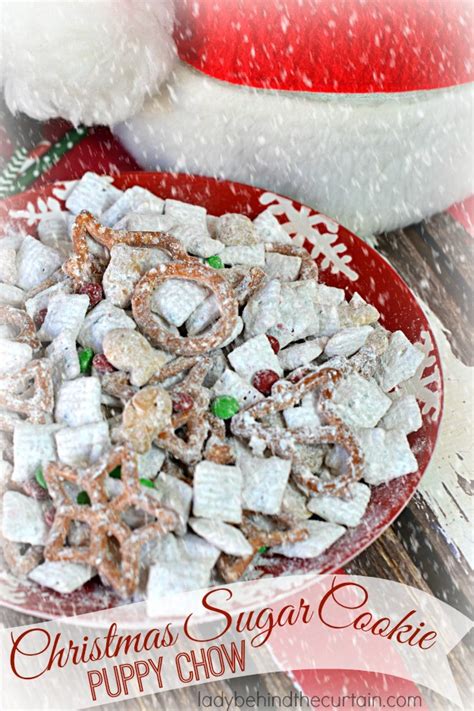 Everyone goes crazy over the powdered sugar, peanut butter and yummy candy our family loves puppy chow chex or maybe you know it as muddy buddy recipe. Christmas Sugar Cookie Puppy Chow