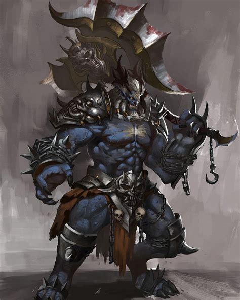 Blue Skinned Demon Berserker His Great Ax And His Huge Strength Makes