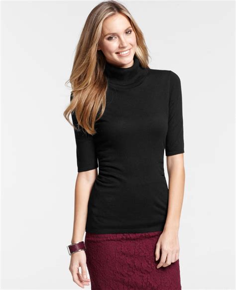 Lyst Ann Taylor Petite Ruched Short Sleeve Turtleneck Sweater In Black