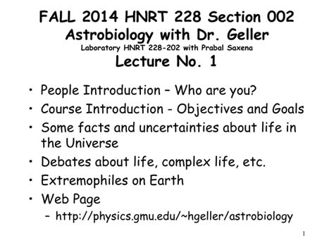 Honors 228 Astrobiology Lecture No 1