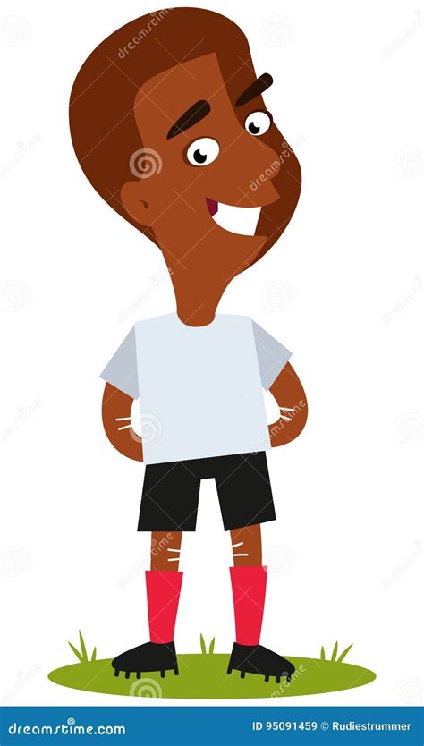 Smiling African Cartoon Football Player Standing On The Pitch Stock