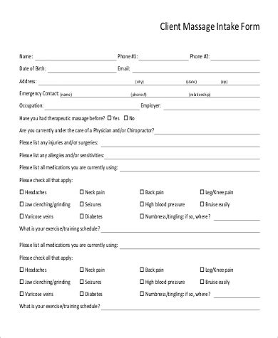 Free Massage Client Intake Form Template Printable Templates