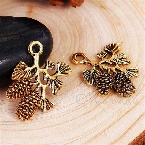 Pine Cone Branch Charms Wholesale Antiqued Gold Pinecone Charm