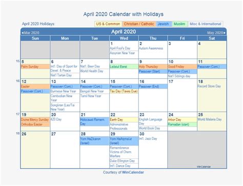 April 2020 Printable Calendar With Us Holidays Including August 2019