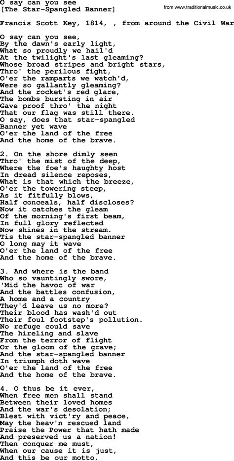 Old American Song Lyrics For O Say Can You See With PDF