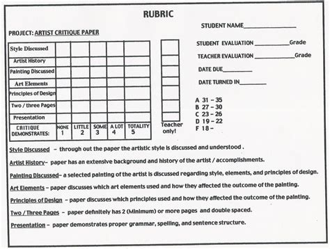 Printable Art Rubric Printable Word Searches