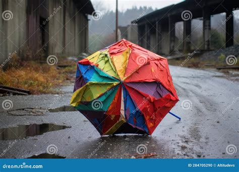 Colorful Broken Umbrella In Contrast With A Gray Rainy Backdrop Stock