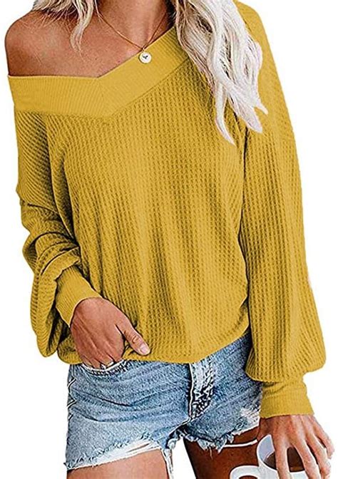 tobrief women s v neck long sleeve waffle knit tops off shoulder oversized pullover sweater