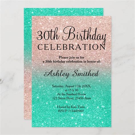Rose Gold Glitter Turquoise Sombre 30th Birthday Invitation Zazzle 30th Birthday Invitations