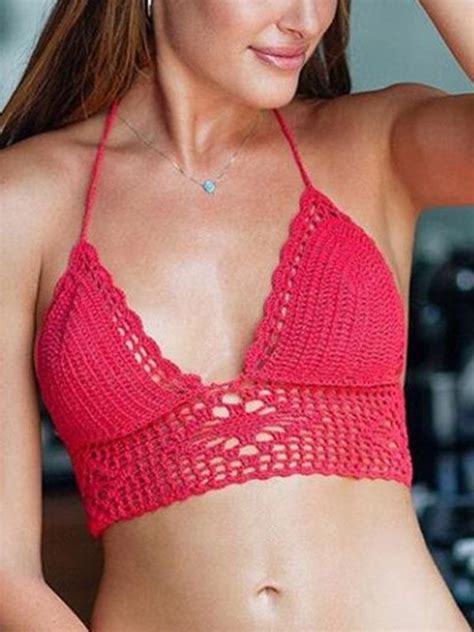 Emmiol Free Shipping Halter Crochet Hollow Bikini Top Red S In