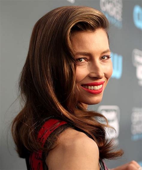 Jessica Biel Long Straight Brunette Hairstyle With Side Swept Bangs And