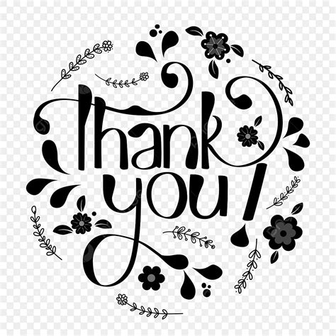 Thank You Vector Lettering Hand Drawn With Flowers Black And White