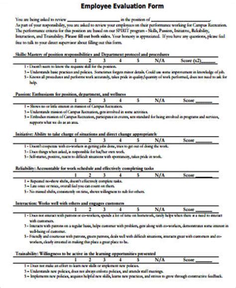 employee evaluation form samples   ms word