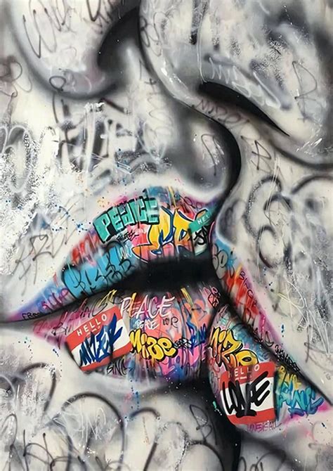 Lovers Kiss Lips Graffiti Street Art Printed Gallery Framed Printed Canvas Or Paper Poster Print