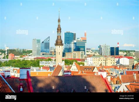 Aerial Cityscape Of Tallinn Downtown In Sunny Daytime Modern And