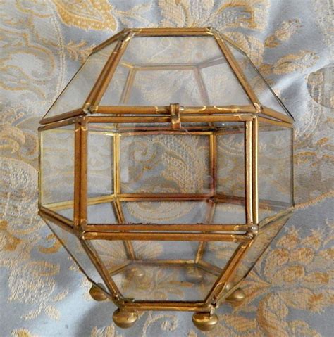 Vintage Glass Curio Cabinet Brass Jewelry Trinket Store Display Box Hexagon Glass Curio